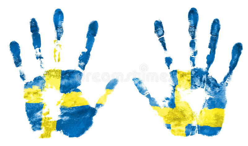 isolera-avtrycken-av-två-händer-i-färgerna-av-den-svenska-flaggan-93524662